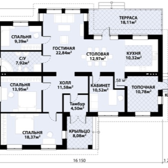 Проект одноэтажного дома с 4 спальнями до 150 кв