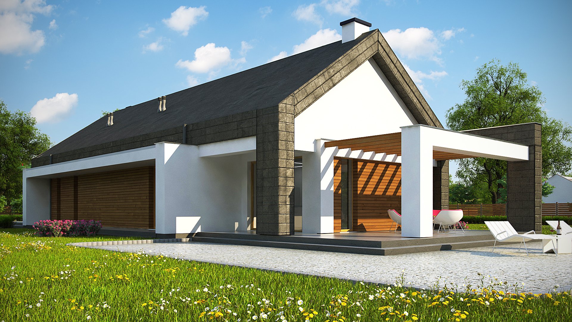 Современный одноэтажный дом с двускатной крышей